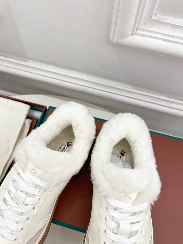 LP Tennis Walk Sneaker In White Grey Lambskin Lined With Wool Fleece 988264