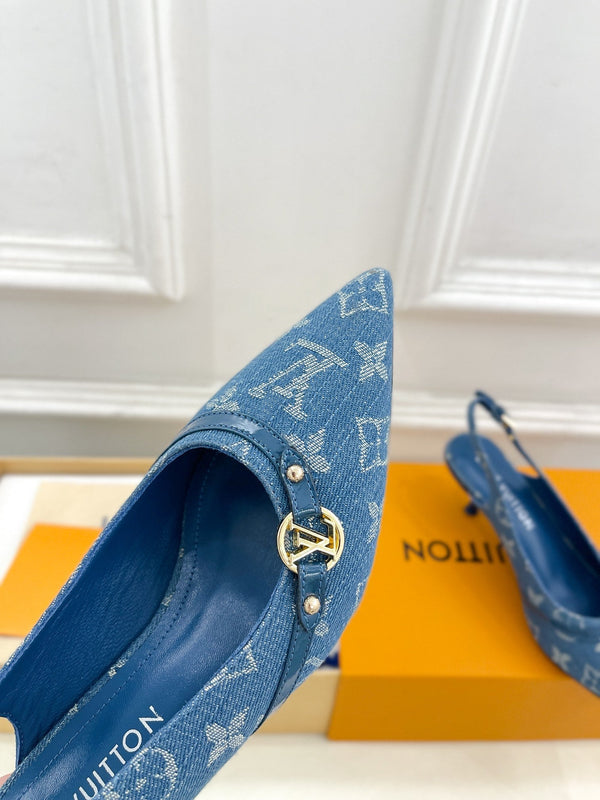 HIGH SLINGBACKS 5 CM IN CLASSIC BLUE MONOGRAM DENIM FABRIC