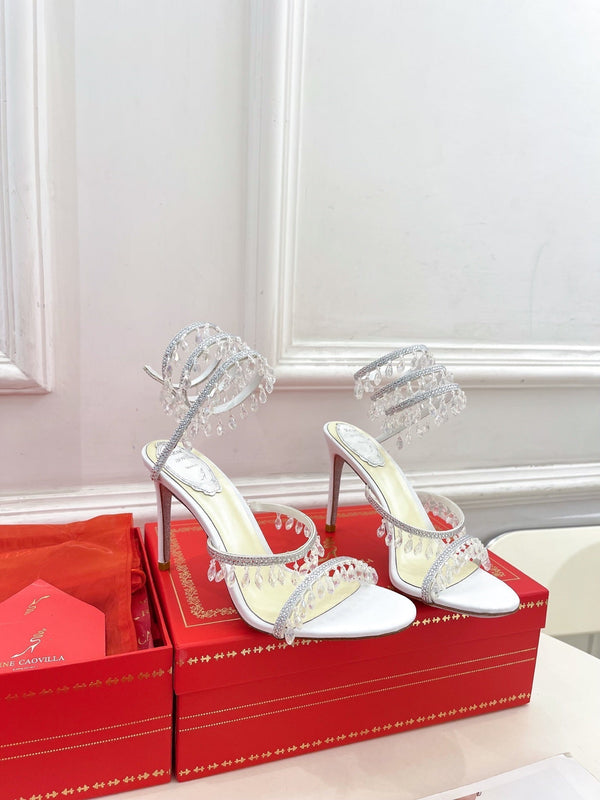 RC 25 Crystal Tassel High-Heeled Sandals White Silk Crystal Diamond 253540
