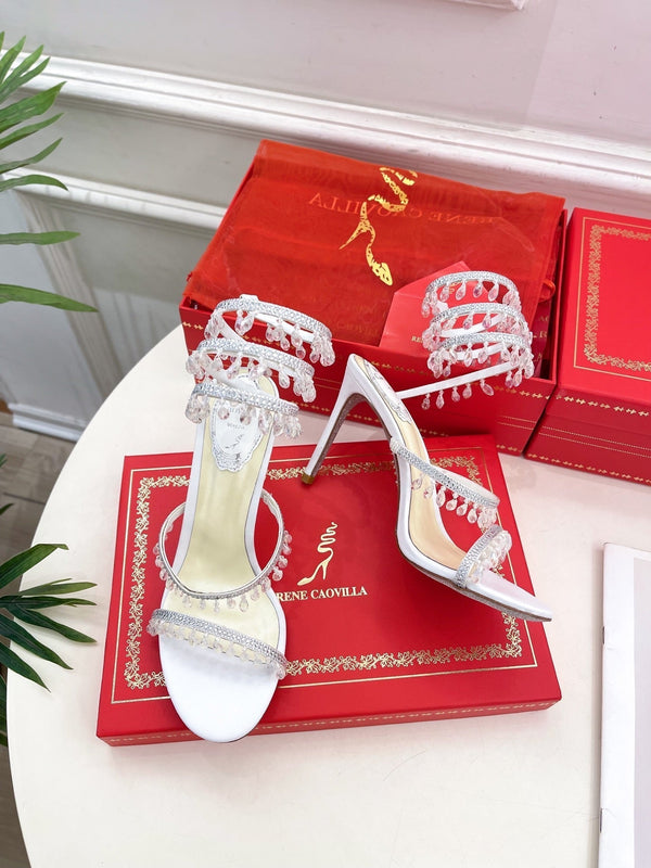 RC 25 Crystal Tassel High-Heeled Sandals White Silk Crystal Diamond 253540