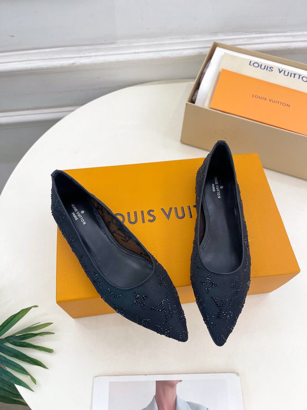 LV Gala Rhinestone Pointed Toe Flat Black Mesh 425136