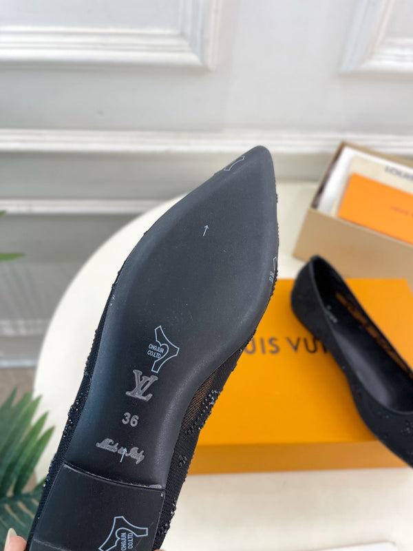 LV Gala Rhinestone Pointed Toe Flat Black Mesh 425136
