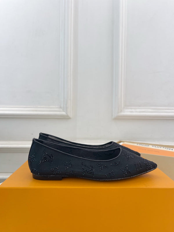 LV Gala Rhinestone Pointed Toe Flat Black Mesh 425136