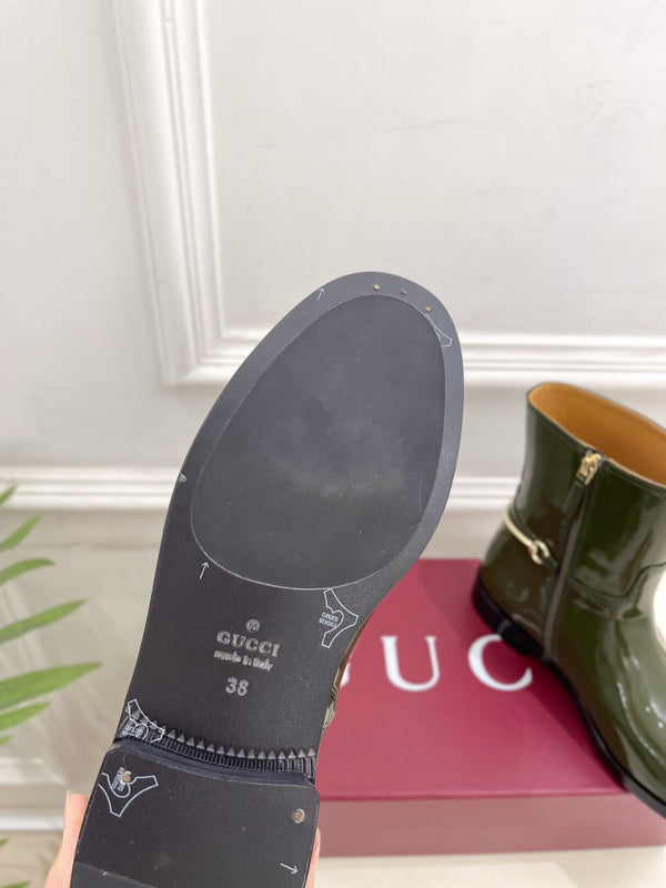 Gucci 25𝐬𝐬 horsebit ankle boots dark olive green patent calfskin