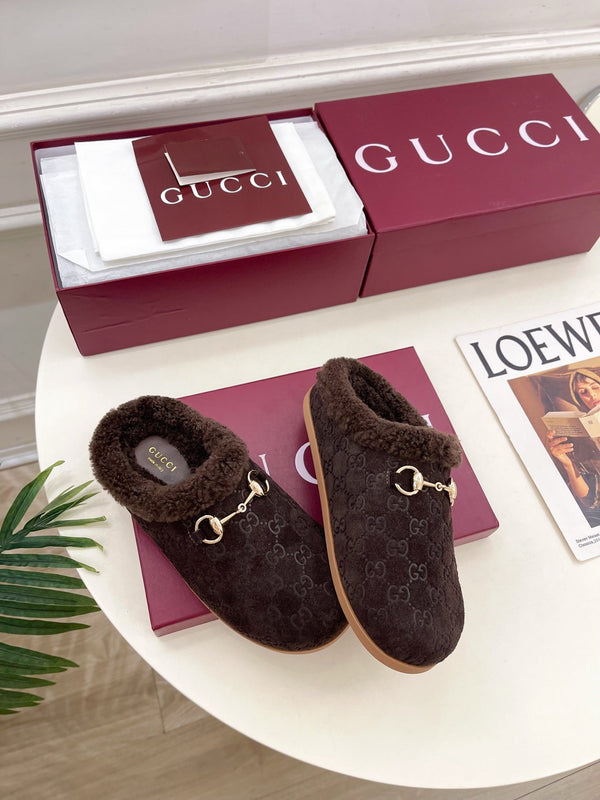 GG Horsebit Embossed Mule Dark Brown Suede And Wool 536052