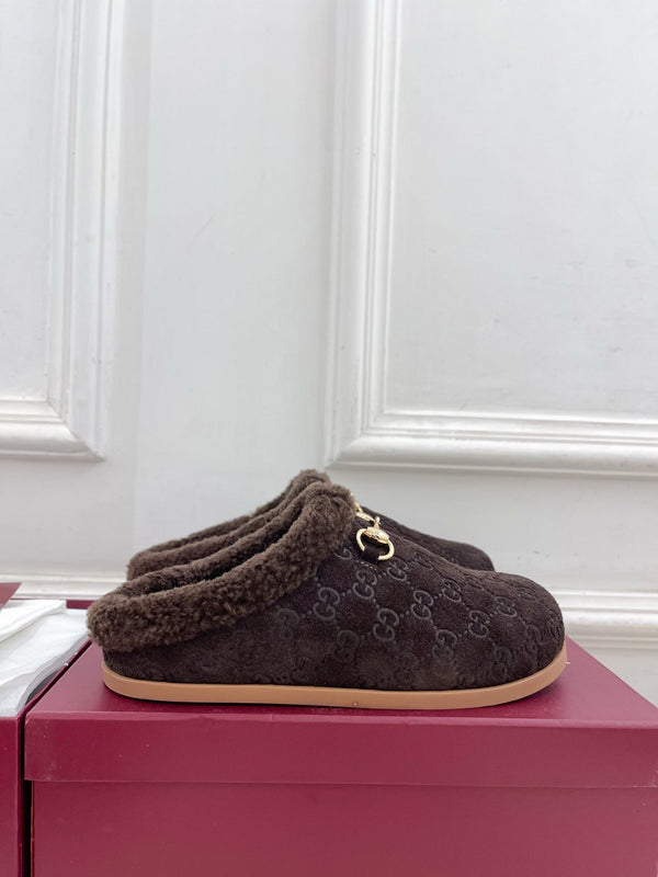 GG Horsebit Embossed Mule Dark Brown Suede And Wool 536052