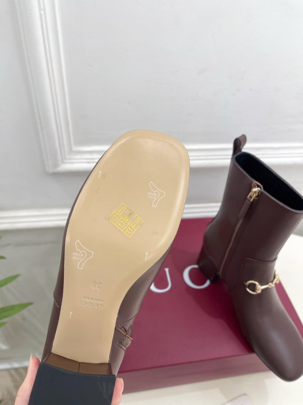 GG horsebit chunky heel ankle boots dark brown calfskin 536058