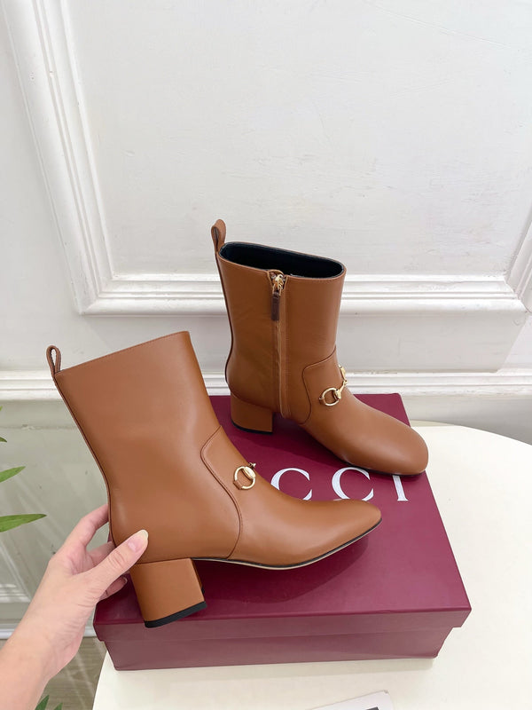 GG horsebit chunky heel ankle boots caramel brown calfskin 536059