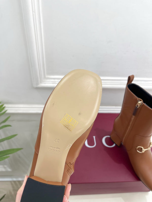 GG horsebit chunky heel ankle boots caramel brown calfskin 536059