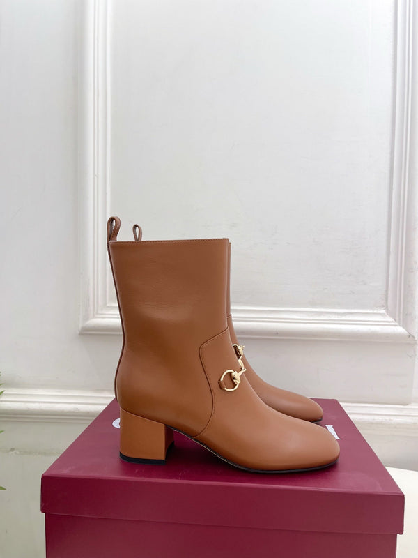GG horsebit chunky heel ankle boots caramel brown calfskin 536059