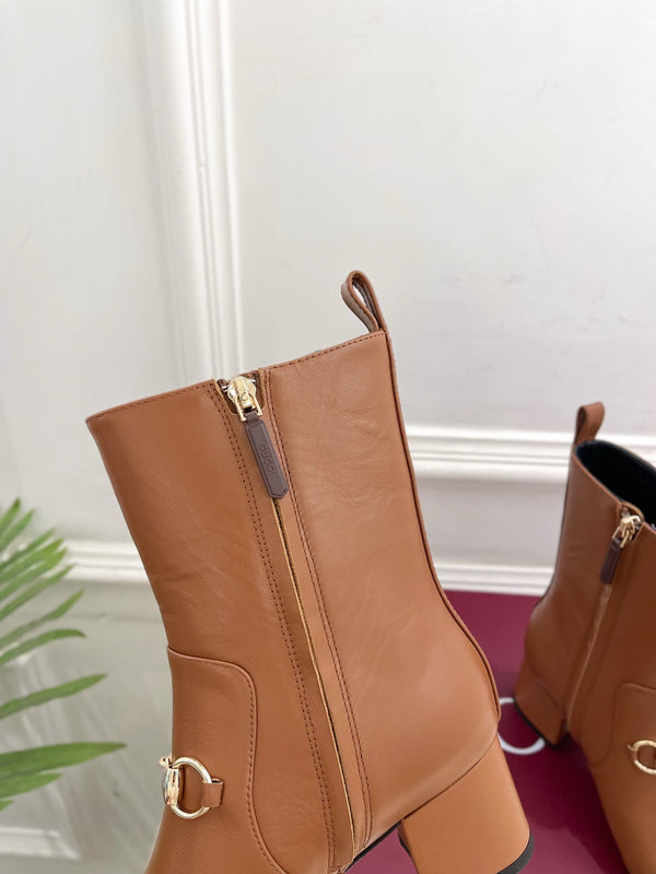 GG horsebit chunky heel ankle boots caramel brown calfskin 536059
