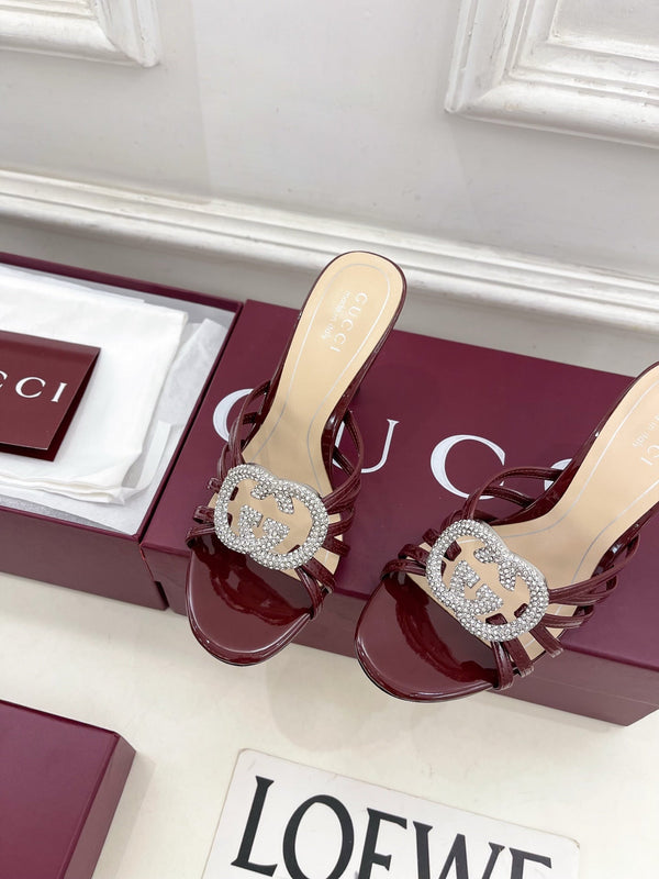 Mules à talons hauts GG 26 Cuir verni Rouge foncé Beige 85 587085