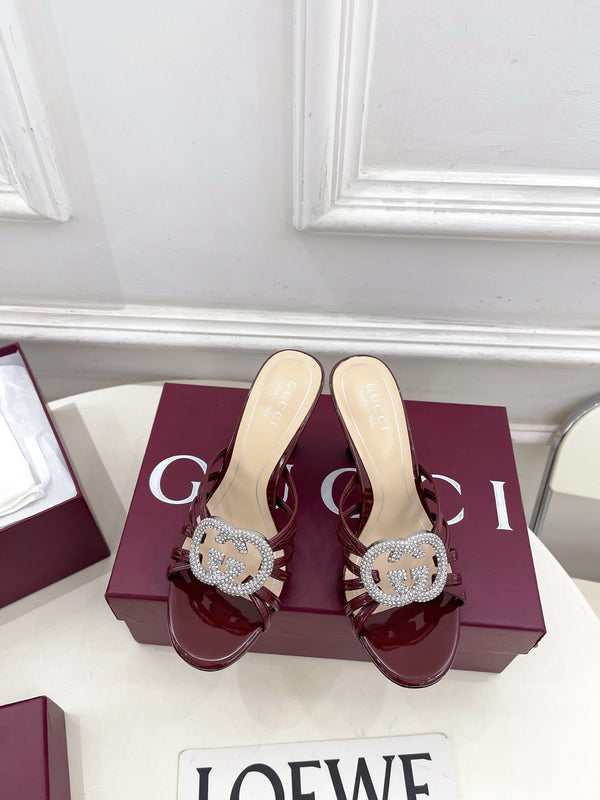 Mules à talons hauts GG 26 Cuir verni Rouge foncé Beige 85 587085