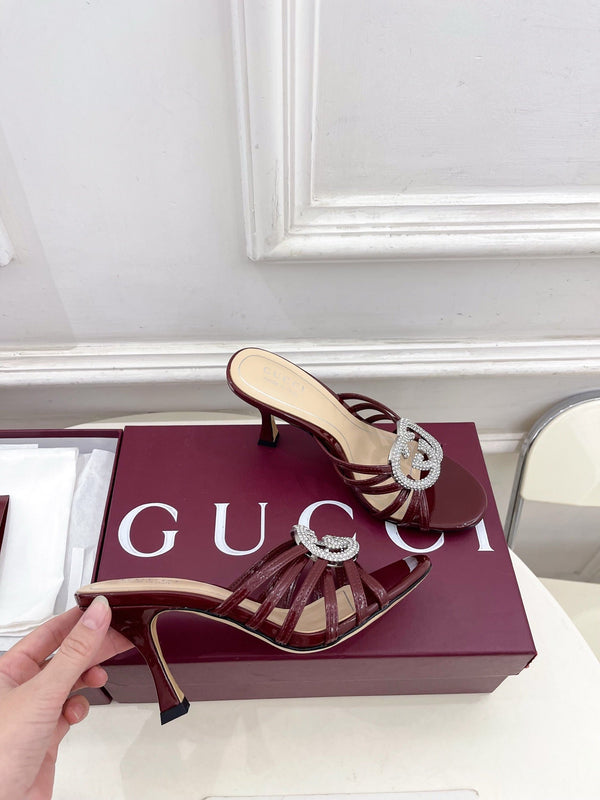 Mules à talons hauts GG 26 Cuir verni Rouge foncé Beige 85 587085