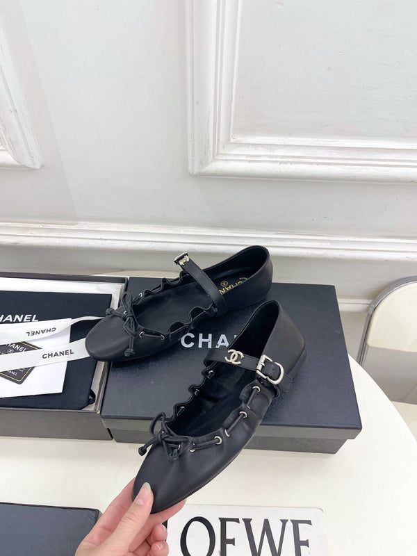 CC 26 SS Ruffled Bow Mary Jane Flats Black Calfskin 586928