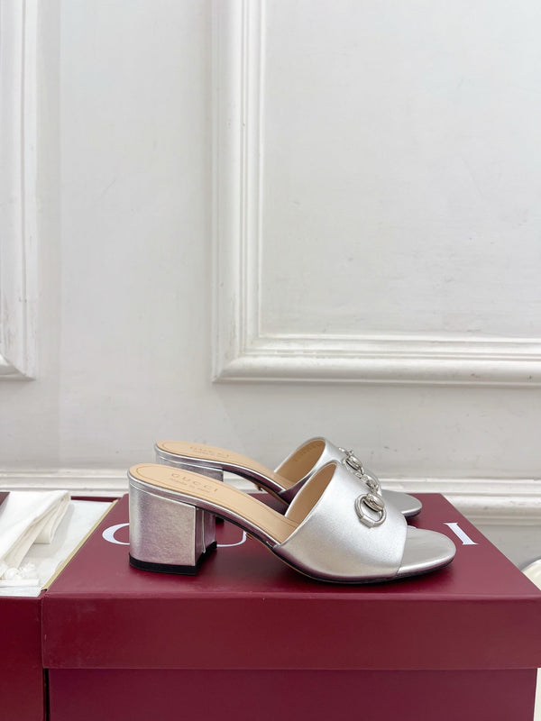 GG 26s Slide Sandal 5.5cm With Horsebit Sliver Leather 640296