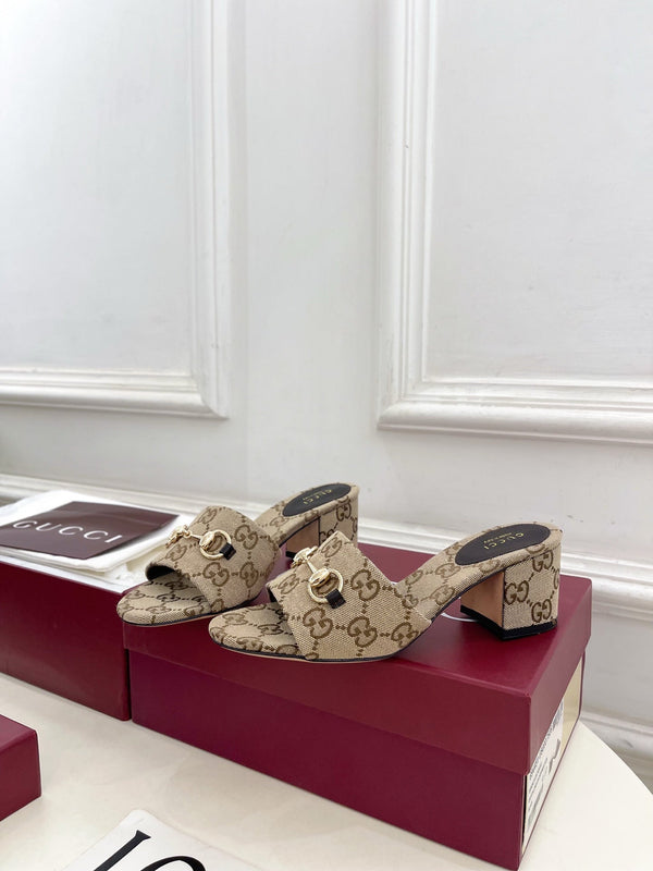GG 26s Slide Sandal 5.5cm With Horsebit Brown Beige Canvas 640299
