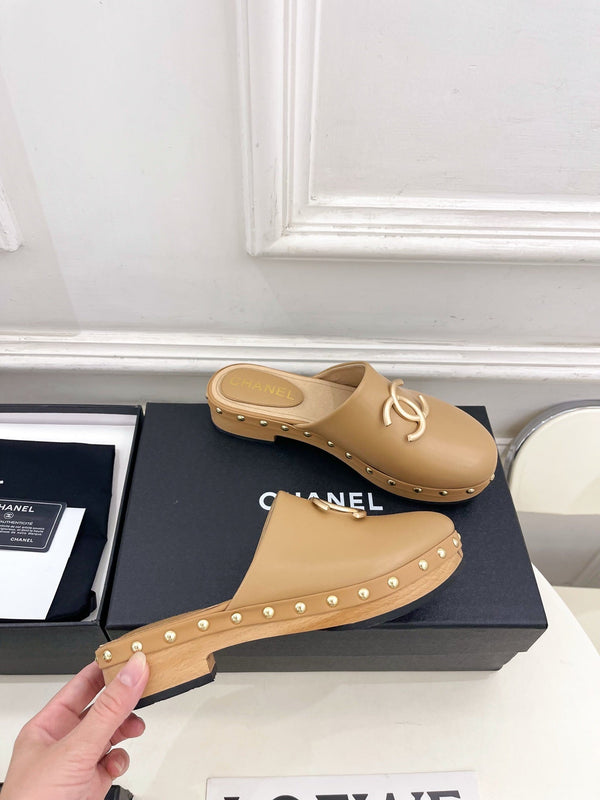 CC 26s Wood Platform Slip-on 3.5cm Beige Leather 891747