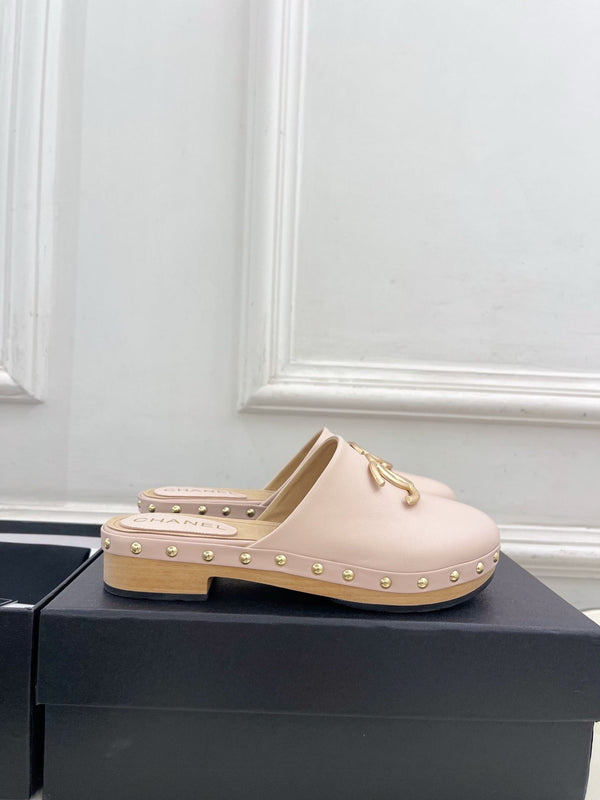 CC 26s Wood Platform Slip-on 3.5cm Light Pink Leather 891748