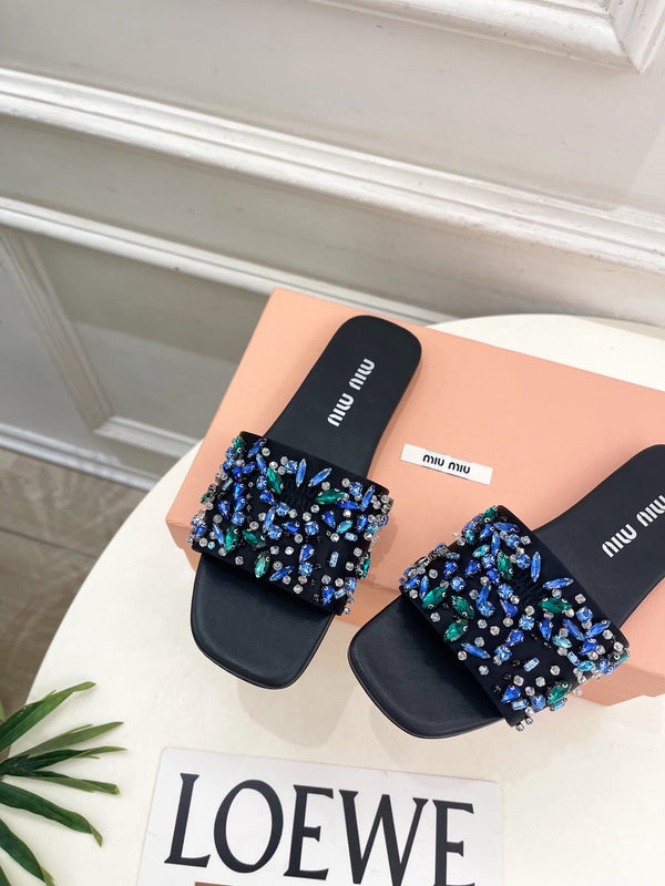 Miu 26s Rhinestone Flat Sandals Black Sheepskin Silk 891869