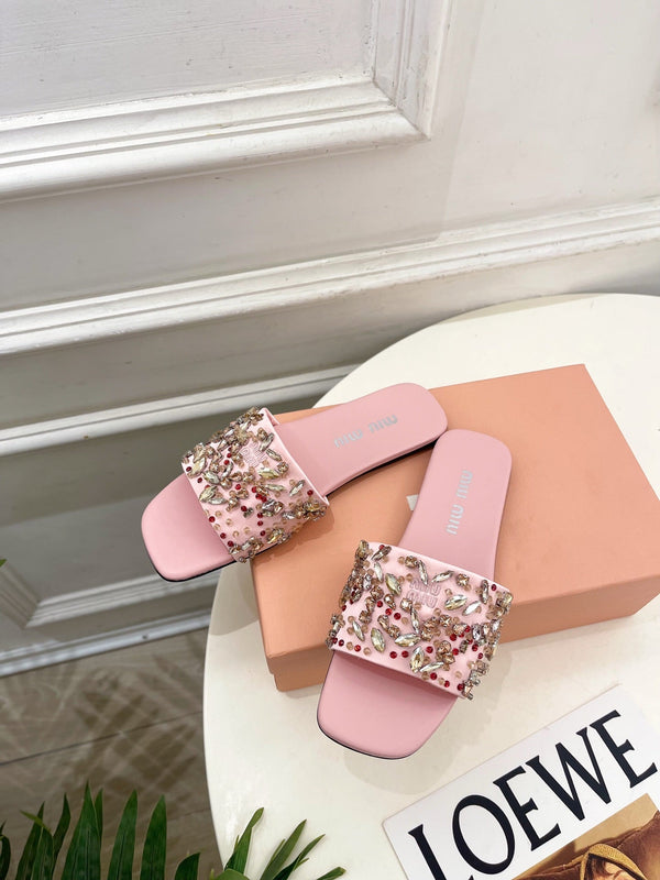 Miu 26s Rhinestone Flat Sandals Light Pink Sheepskin Silk 891871