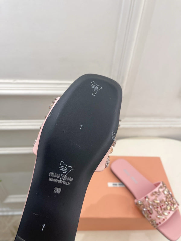 Miu 26s Rhinestone Flat Sandals Light Pink Sheepskin Silk 891871