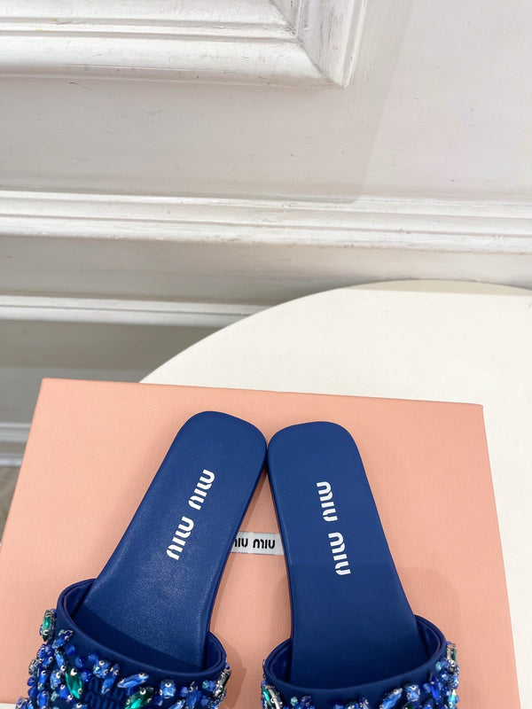 Miu 26s Rhinestone Flat Sandals Dark Blue Sheepskin Silk 891872