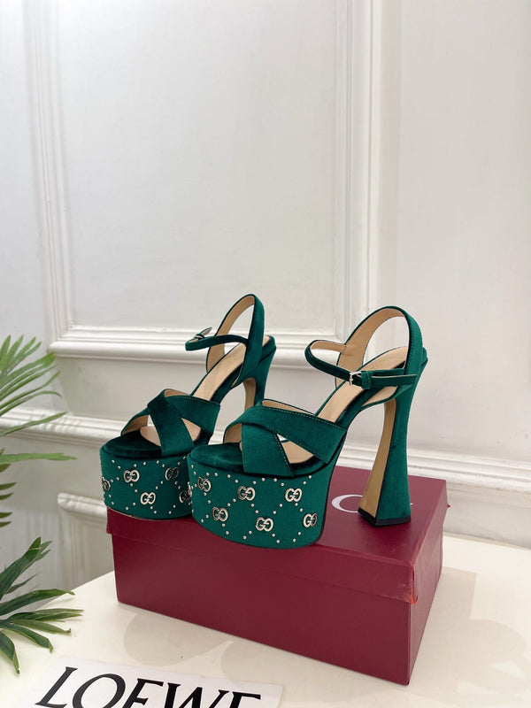 GG Janaya Platform Sandals 15.5cm Teal Green Suede 891840