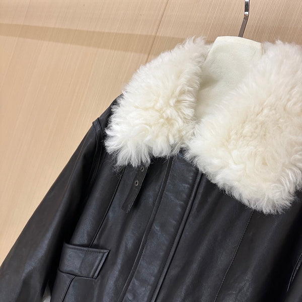 Miumiu Veste 2025 Laine et Cuir d'Agneau Noir et Blanc
