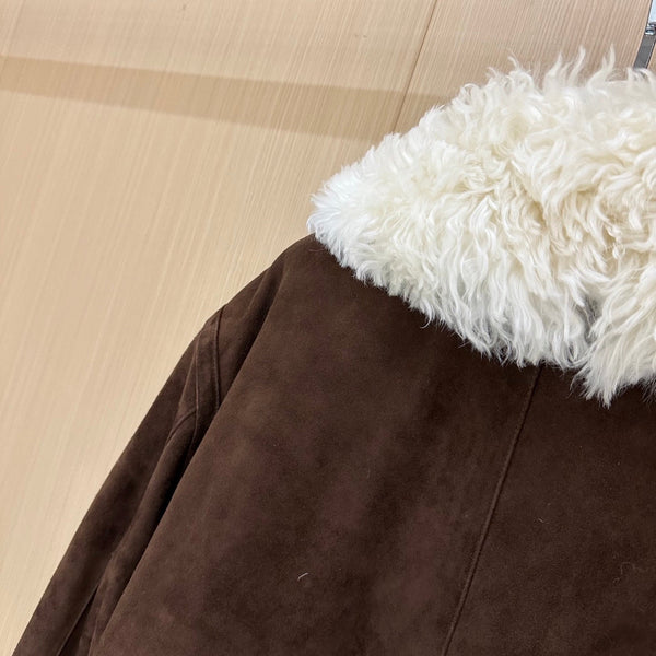 Miumiu 2025 Veste Marron Foncé mélange Laine Suédine Blanche