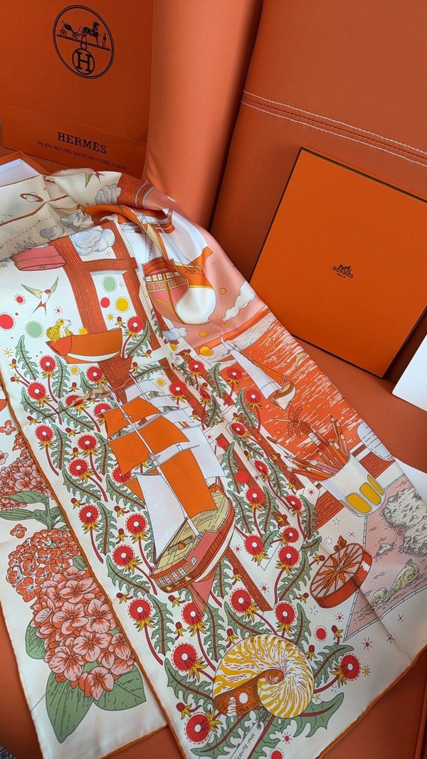 HM 26s 90 Scarf Orange White Colorful Mulberry Silk 153382
