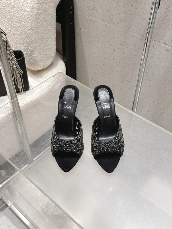 CL 26SS High-Heeled Slippers 100 Black Suede Sheepskin 636694