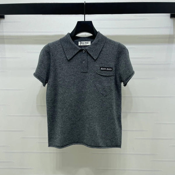 Pull à manches courtes en maille à col Miumiu 2026 en cachemire crème et gris