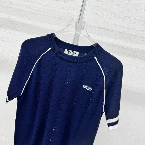 Miumiu 2026 T-shirt Laine Cachemire Bleu Blanc 356971