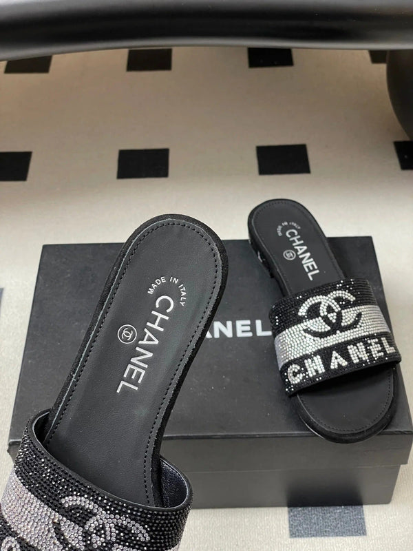 CC 26s Flat Sandals Black Sheepskin Rhinestones 649516