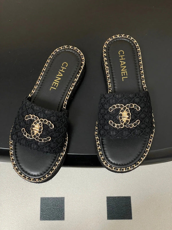 CC 26s Ballerines Plates Tissu Noir Or Peau de Mouton 649487