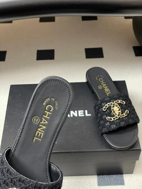 CC 26s Ballerines Plates Tissu Noir Peau de Mouton 649492