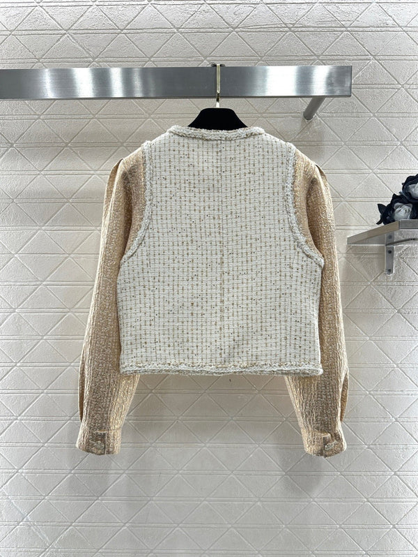 CC 26 Gilet Veste Patchwork Beige Blanc Laine Coton 331228