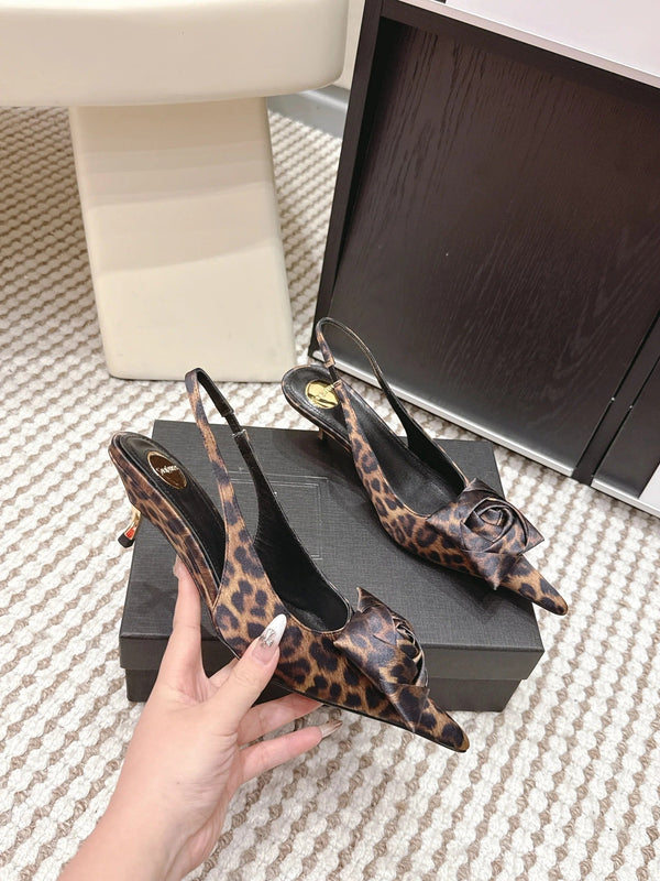YSL 26ss Slingback 50 Leopard Print Satin Leather 654680