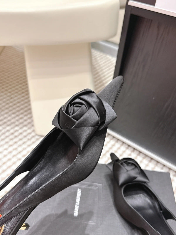 YSL 26ss Slingback 50 Black Satin Leather 654681