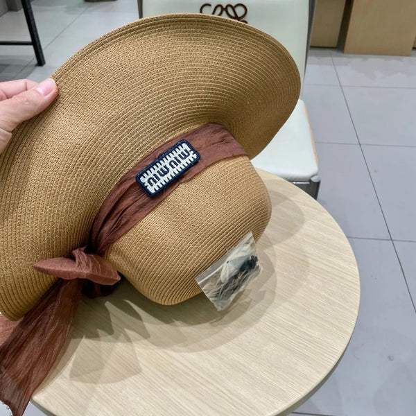 MM WIDE-BRIM BEACH HAT IN BEIGE WITH FABRIC BOW