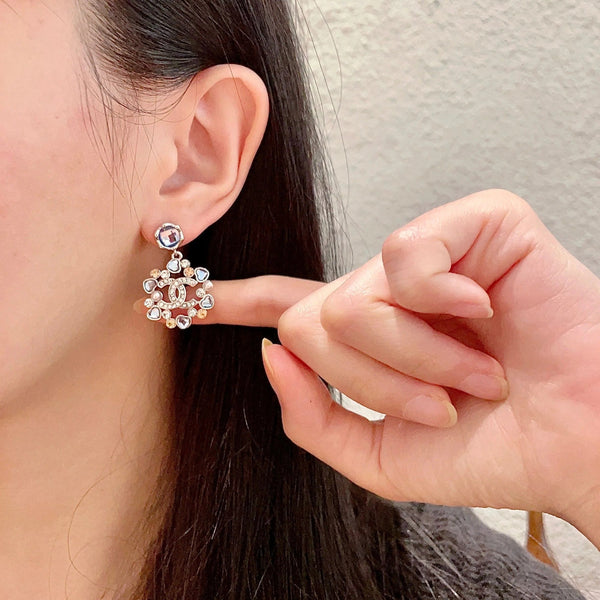 DOUBLE C STUD EARRINGS IN SILVER METAL WHITE PEARL GOLD AND BLUE STONES