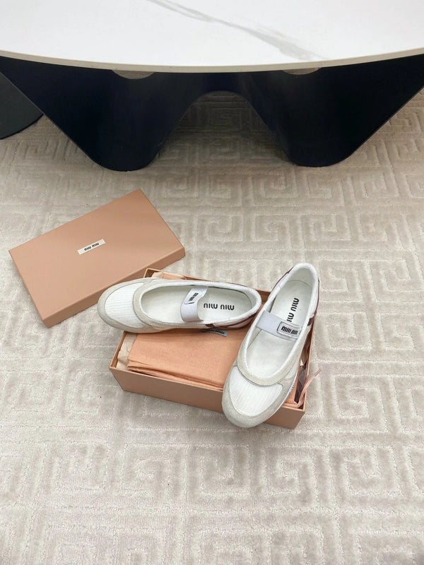 BALLET FLAT SHOES IN WHITE MESH AND BEIGE SUEDE