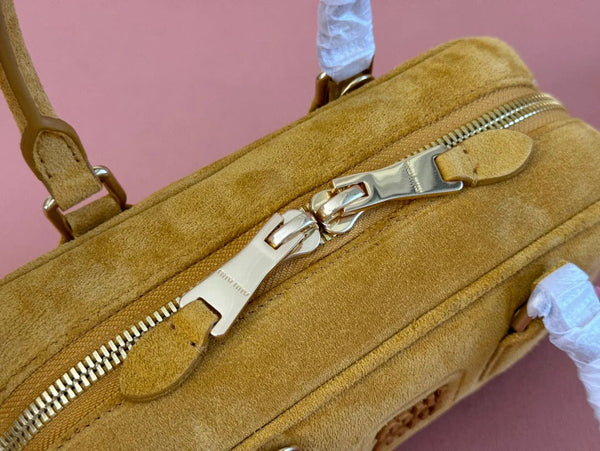 ARCADIE BAG 22 IN MUSTARD YELLOW SUEDE GOLD HARDWARE