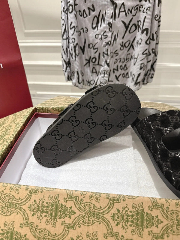 SANDALS IN BLACK SUEDE EMBOSSED LOGO SILVER HARDWARE