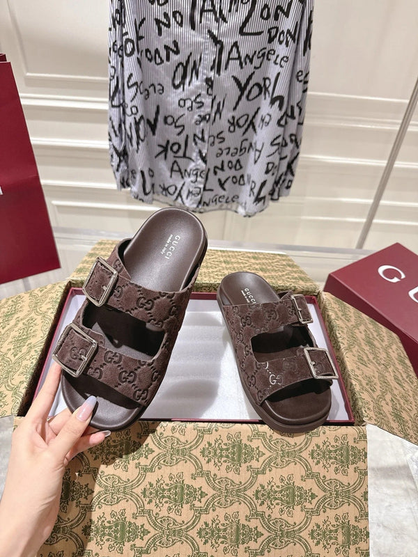 SANDALS IN NAVY BROWN SUEDE EMBOSSED LOGO SILVER HARDWARE