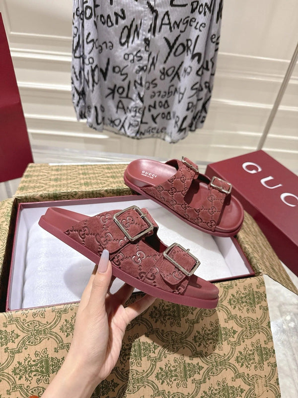 SANDALS IN NAVY RED SUEDE EMBOSSED LOGO SILVER HARDWARE