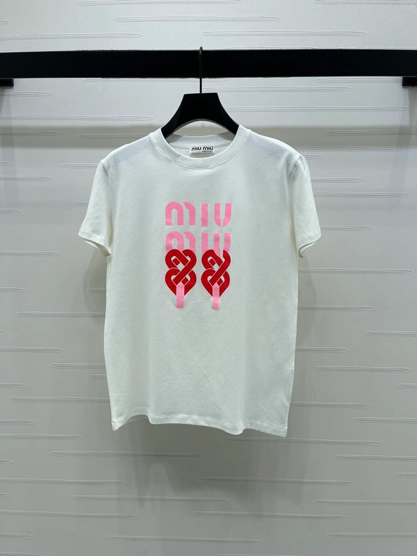 T-shirt Miumiu 2026 en coton rouge et blanc à manches courtes et col rond avec lettres