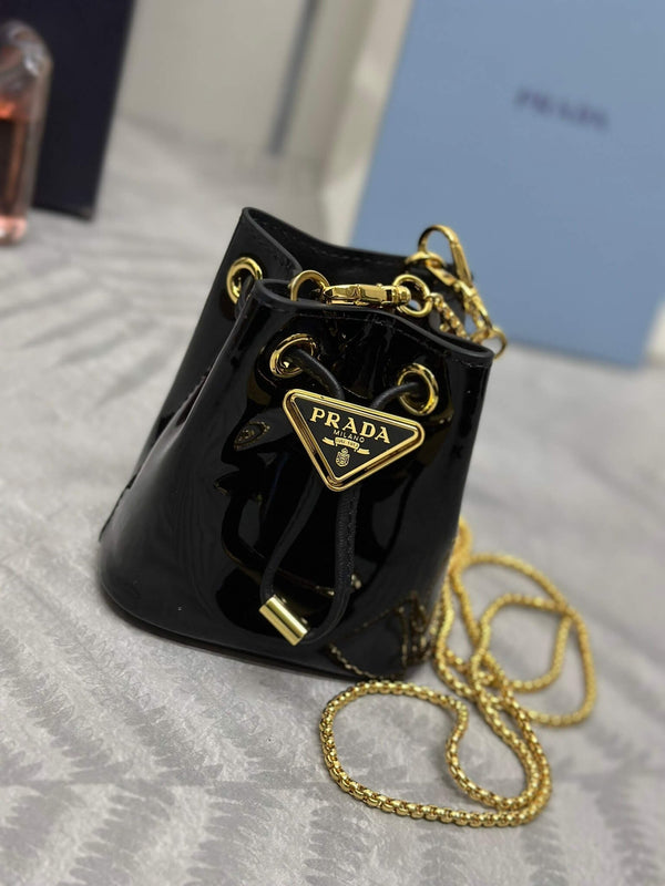 Prada Logo-Plaque Mini Bag Black Patent Leather GHW