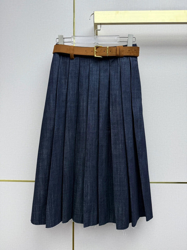 Miumiu 2026 Jupe plissée rétro en jean, coton bleu 351555